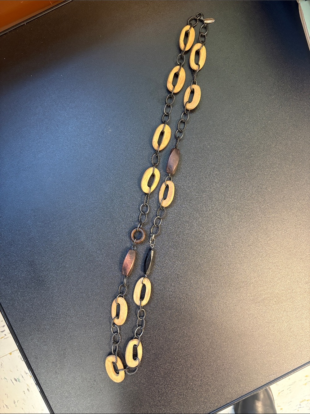 Wood & Metal Link Long Necklace - Brown/Beige 17 inch doubled